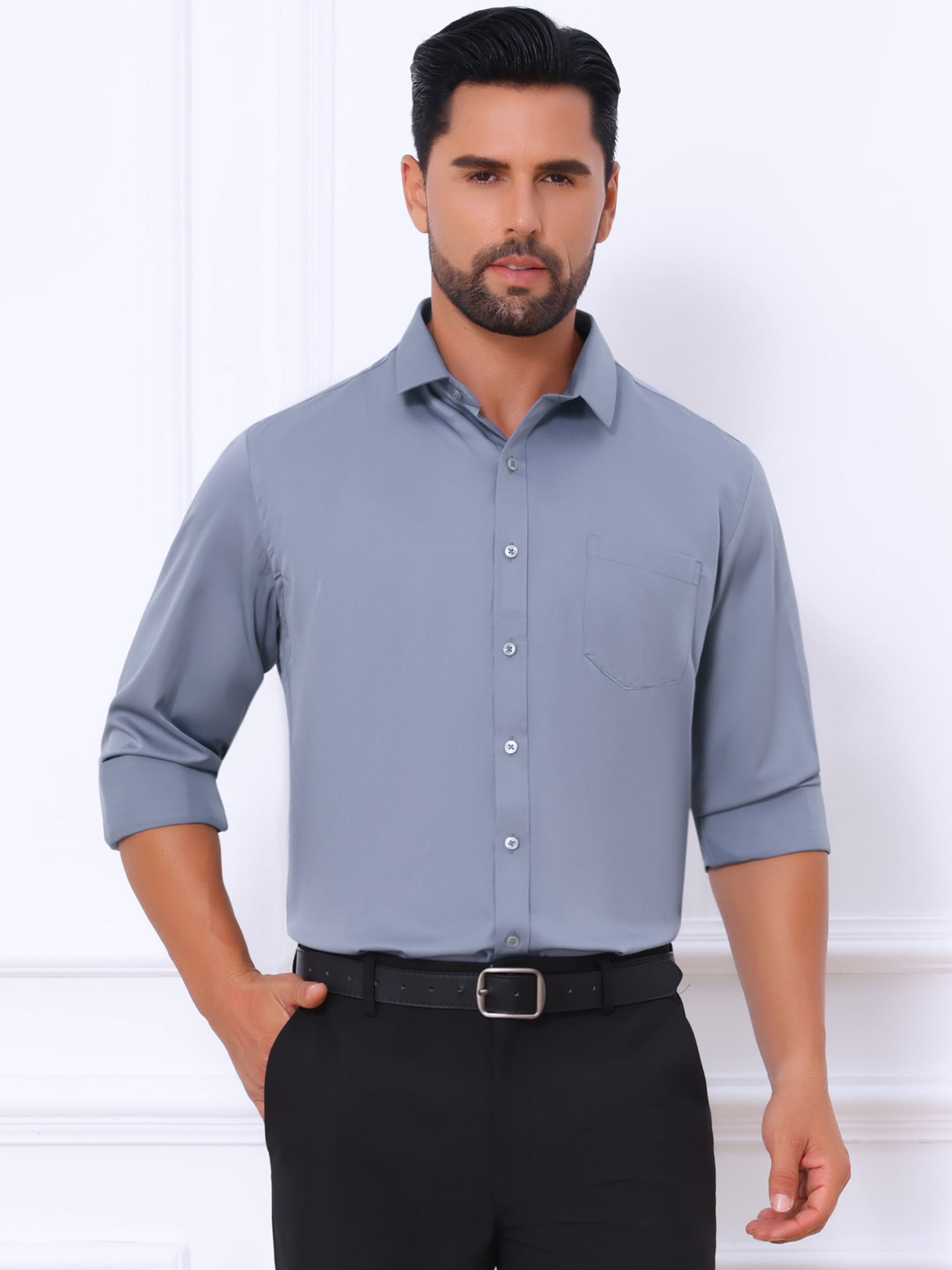 Unique Bargains Men's Long Sleeve Regular Fit Business Button Down Formal Shirt S Grey