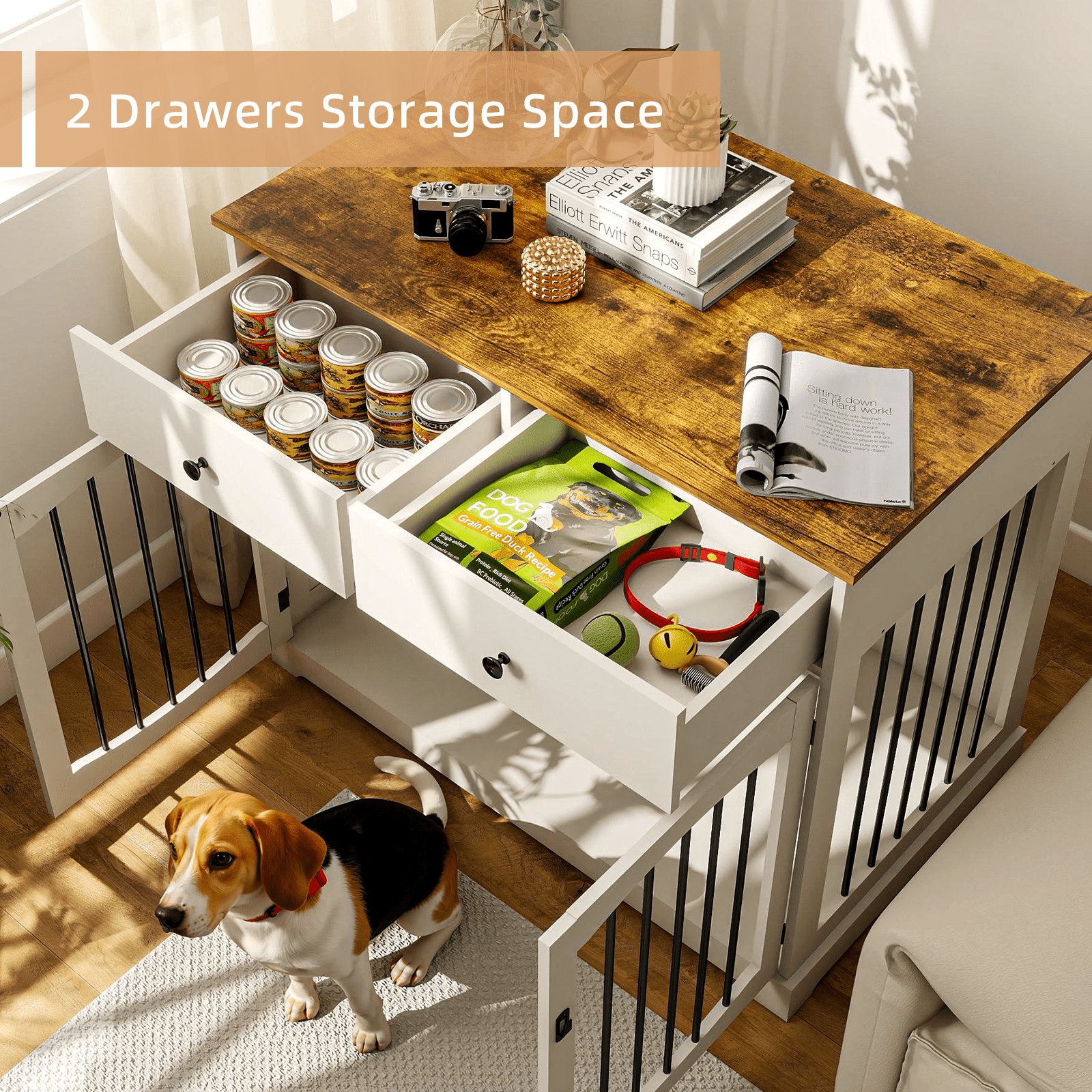 Flictozena 40 Inch Dog Crate Furniture - House Style Wooden Pet Kennel End Table with 2 Doors & Storage Drawers for Indoor Large Dogs, White