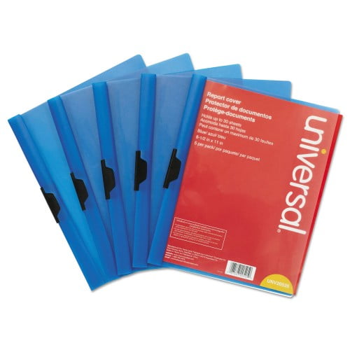 New Universal Plastic Report Cover w/Clip, Letter, Holds 30 Pages, Clear/Blue, 5/PK,Each