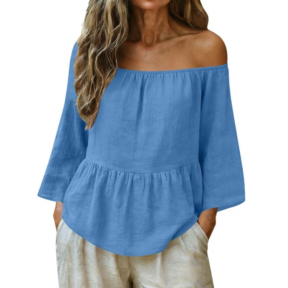 Tauxra T-Shirts à Manches Courtes 2 en 1 pour Femmes, Col Rond, Manches 3/4, Couleur Unie et Lin, Chemisiers d'Été Décontractés au Style Polyvalent