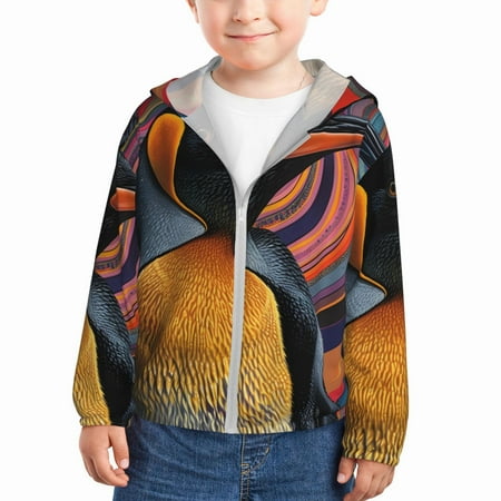 

Ocsxa Abstract Pattern Penguin Print Kids Active Zipper Sun Protection Jacket Boys Girls Hooded Cooling Shirt-2 Years