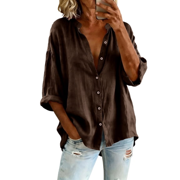 GUACER Women's 3/4 Sleeve Button Down Shirts Casual Linen Relaxed Fit Collared Summer Blouses Tops for Ladies