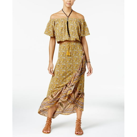 Love Fire Juniors Crossover Maxi Skirt Mustard Print XS