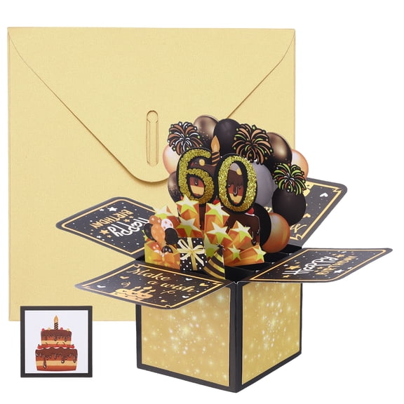 Uxcell 1 Pcs 3D Birthday Card, 60th Fold Out Birthday Card with Envelope and Small Card for Birthday Party Anniversary Celebration Surprise Greeting Gift, Black Gold Tone