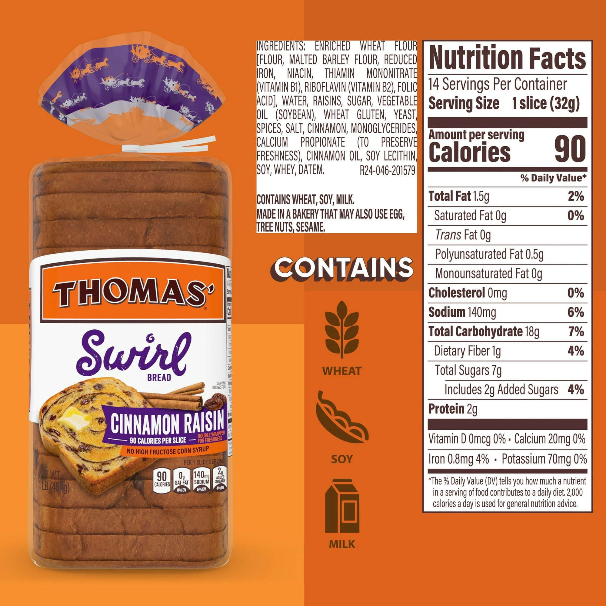 Thomas' Cinnamon Raisin Swirl Bread, 16 oz, Cinnamon Bread, Bag ( PACK OF 3 )