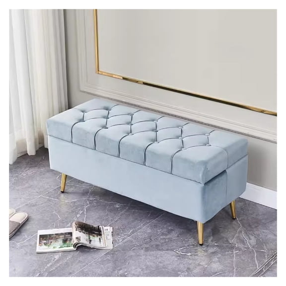 Velvet Storage Ottoman Upholstered End of Bed Bench,Flip Top Entryway Bench Rectangular Bench with Gold Base,Upholstered Bedroom Sofa Bench for Home