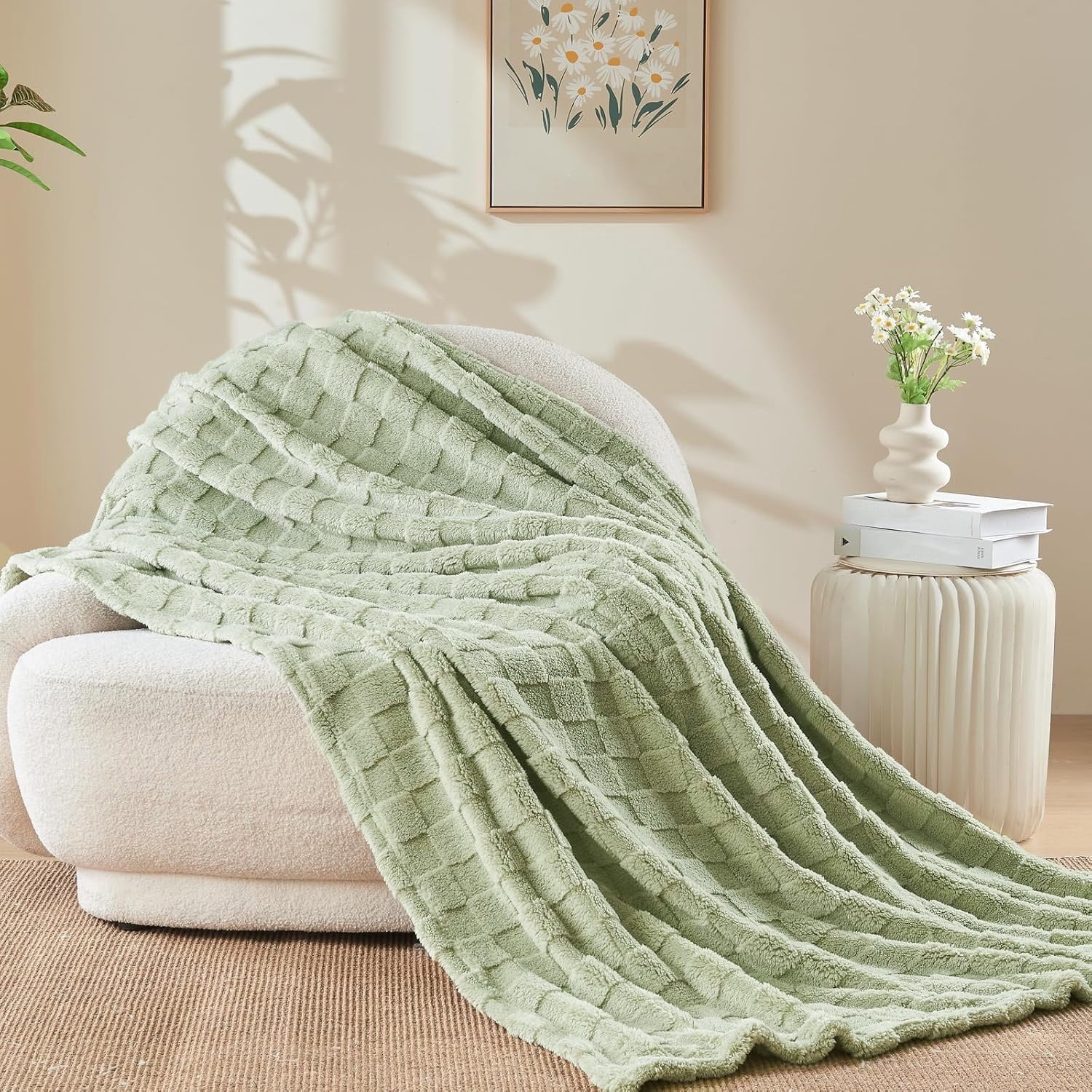 ROSEKIND Super-soft Aesthetic 3D Embossed Checkerboard Fleece Throw Blanket, Reversible Luxury Textured Fuzzy Plush Throw for Couch Bed Sofa, All-season, Sage Green, 60"x80"