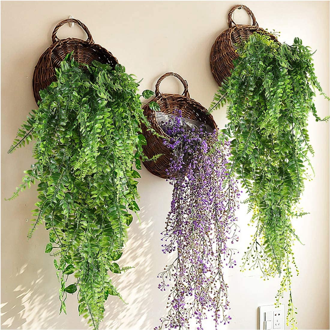 Artificial Plants Vines Ferns Persian Rattan Fake Plant Faux Hanging Boston Fern Flowers Vine Outdoor UV Resistant Plastic Plants for Wall Indoor Hanging Baskets Wedding Garland Decor-2 pcs