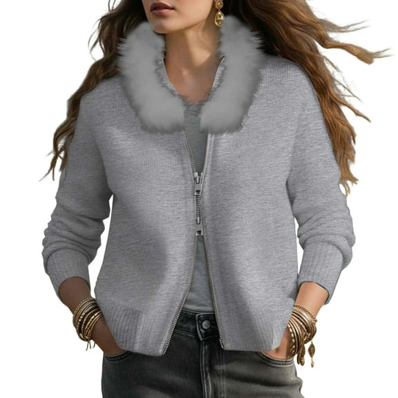 Women's Hooded Fleece Cardigan - Soft Fur Collar Sweater Jacket, Casual Warm Outerwear, Gray