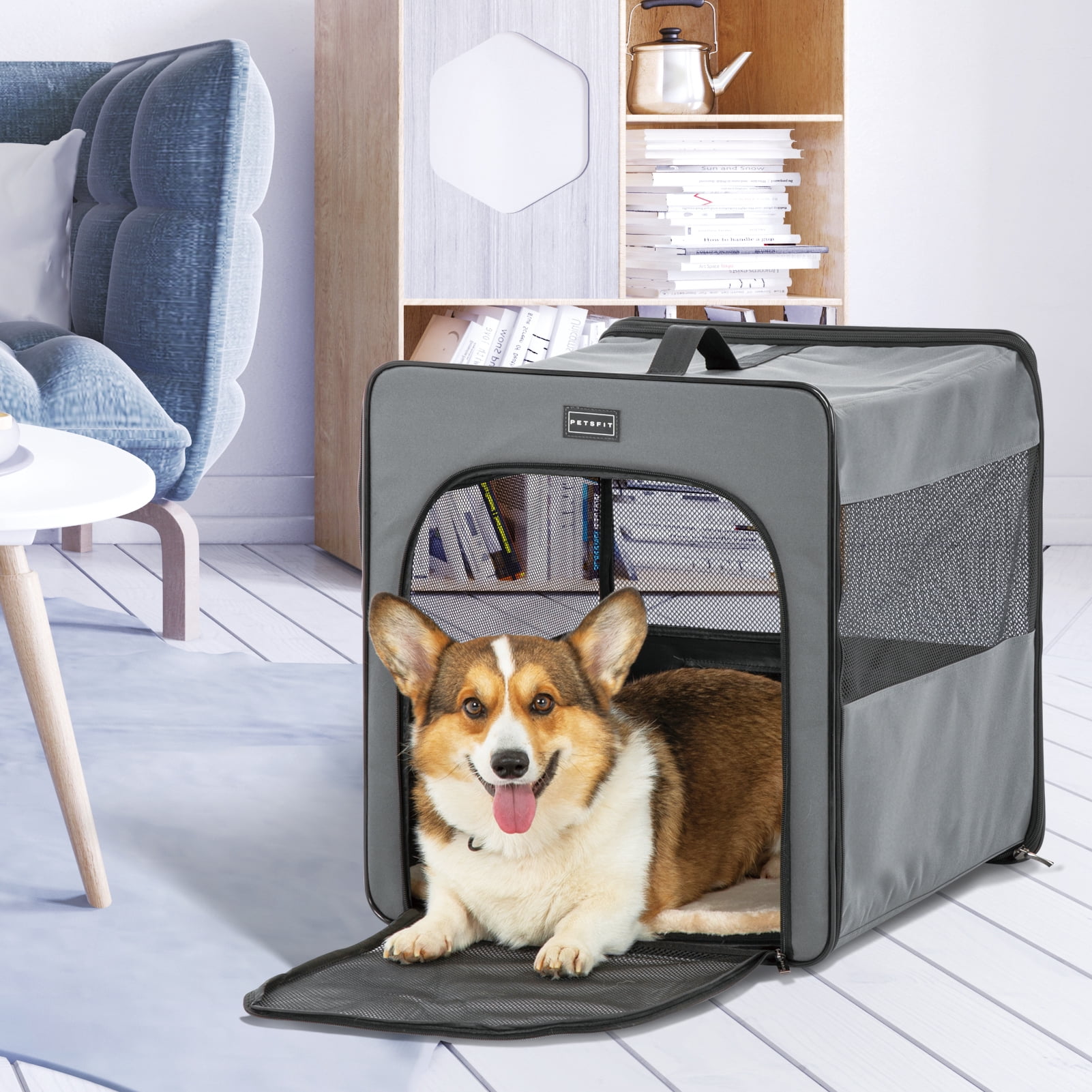 PETSFIT Soft Sided Dog Crate, Chewproof Design Breathable & Collapsible Dog Kennel, Indoor and Outdoor Use with Thicken Mat Grey