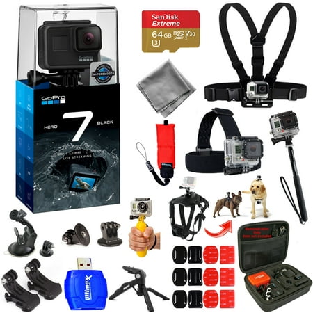 GoPro HERO7 HERO 7 Action Camera (Black) Pro ALL YOU NEED Accessory Bundle with 64GB Micro SD, Head and Chest Strap, Dog Harness, Medium Case + MUCH