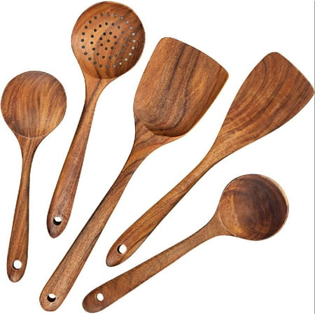 

Wood Cooking Utensils Wooden Spoons for Cooking Wooden Kitchen Utensil Set 5 pcs Japanese Style Reusable Heat Scratch Resistant Non-Stick Pans Utensils Set including Soup Spoon Spatula