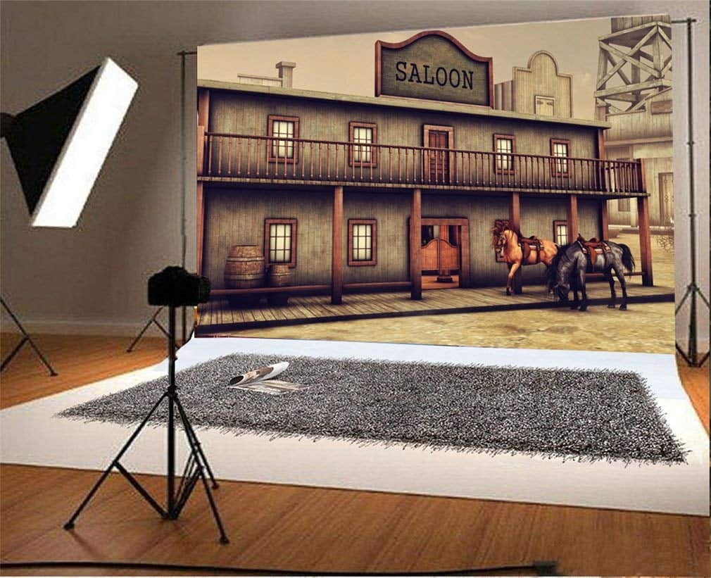 Western Frontier Town 15x8ft Polyester Photography Backdrop General Store Saloon Old Hotel Stable Cowboy Party Background Studio Portraits Shoot Photo Prop Portraits Shoot Back Drop