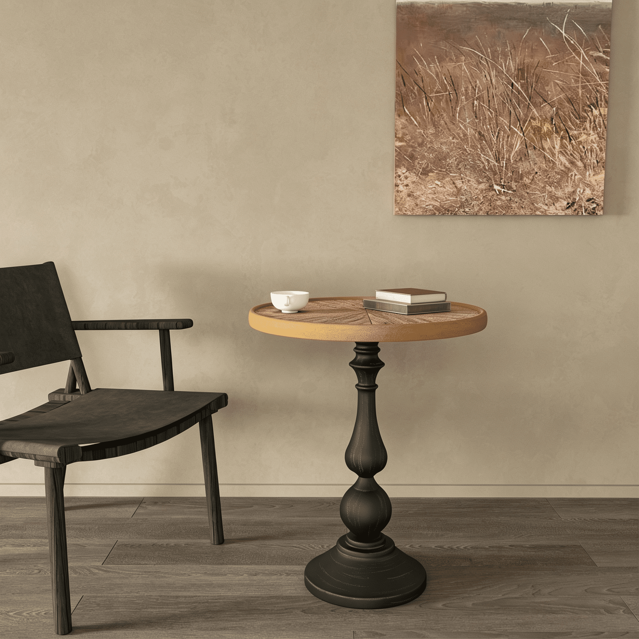 Natural Wood Round End Table with Metal Base, 19.9 x 19.9 x 23.4 in