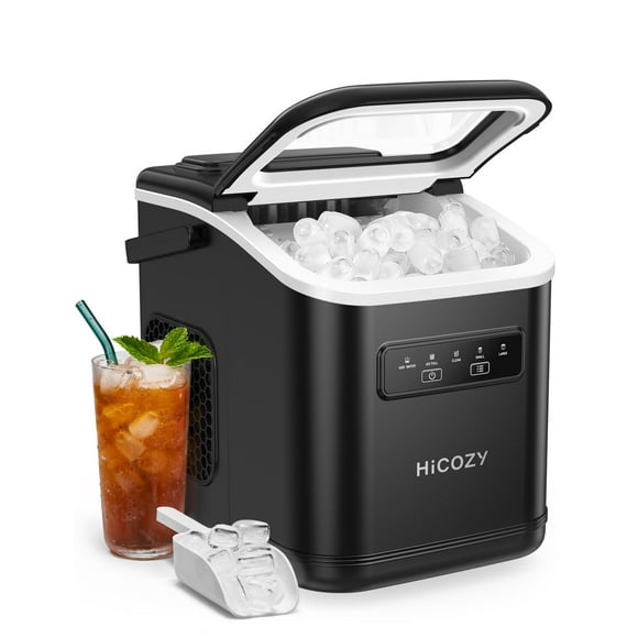 HiCOZY Countertop Ice Maker with Handle, Portable Ice Machine, 9 Cubes in 6 Mins, 26 lbs/24H, 2 Ice Sizes, Self-Cleaning, with Scoop & Basket, Black