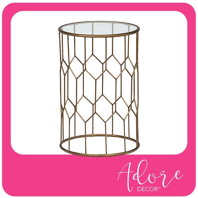 Adore Decor Harper Table d'Appoint Moderne en Verre et Métal, Batterie Décorative Géométrique Or Petit Accent pour Salon, 15,75" de Large Table