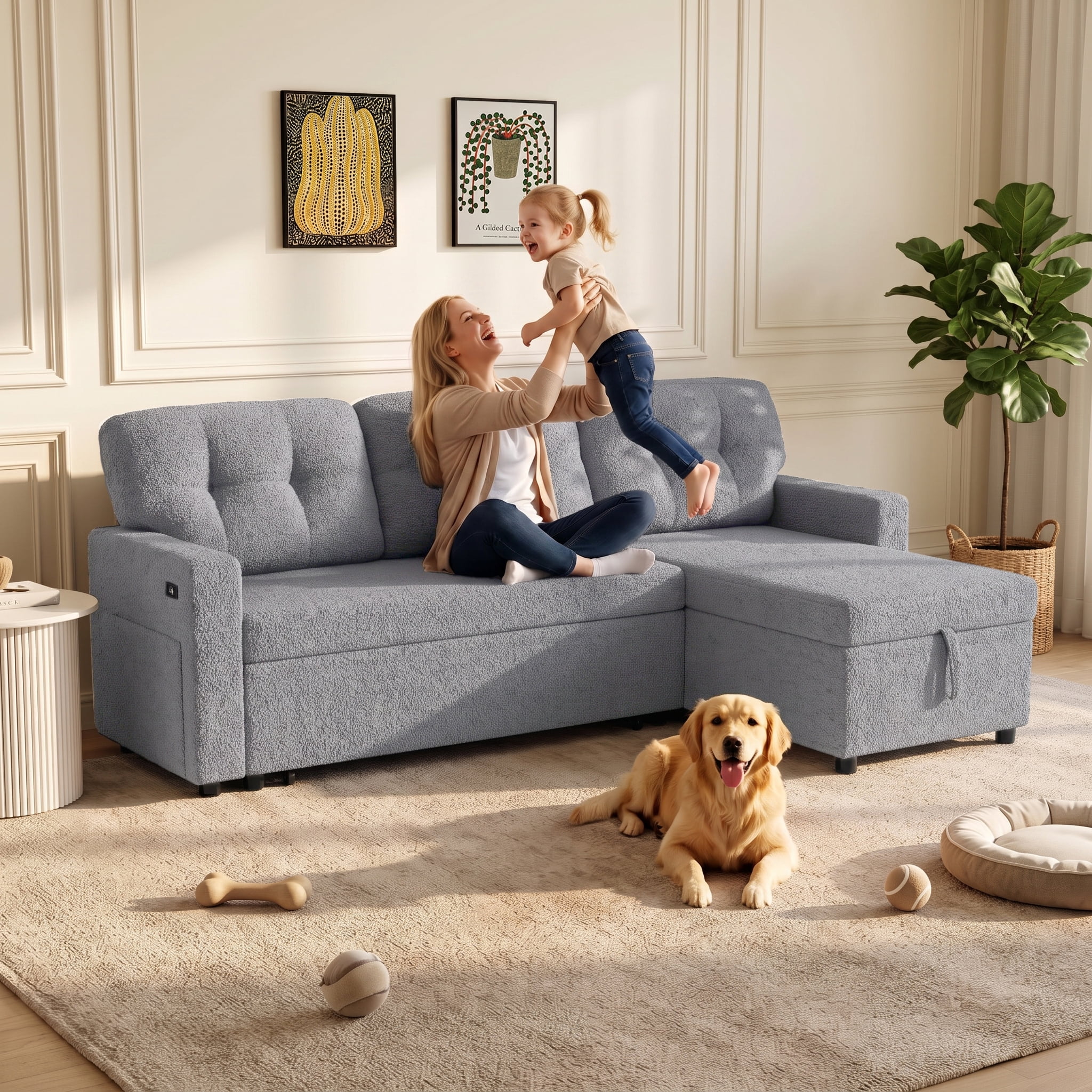 avobird 82" L Shaped Sleeper Sofa Bed, 3-Seat Convertible Sectional Couches with Storage Chaise, Terry Cloth Pull Out Couch for Living Rooms, Apartment, Light Gray
