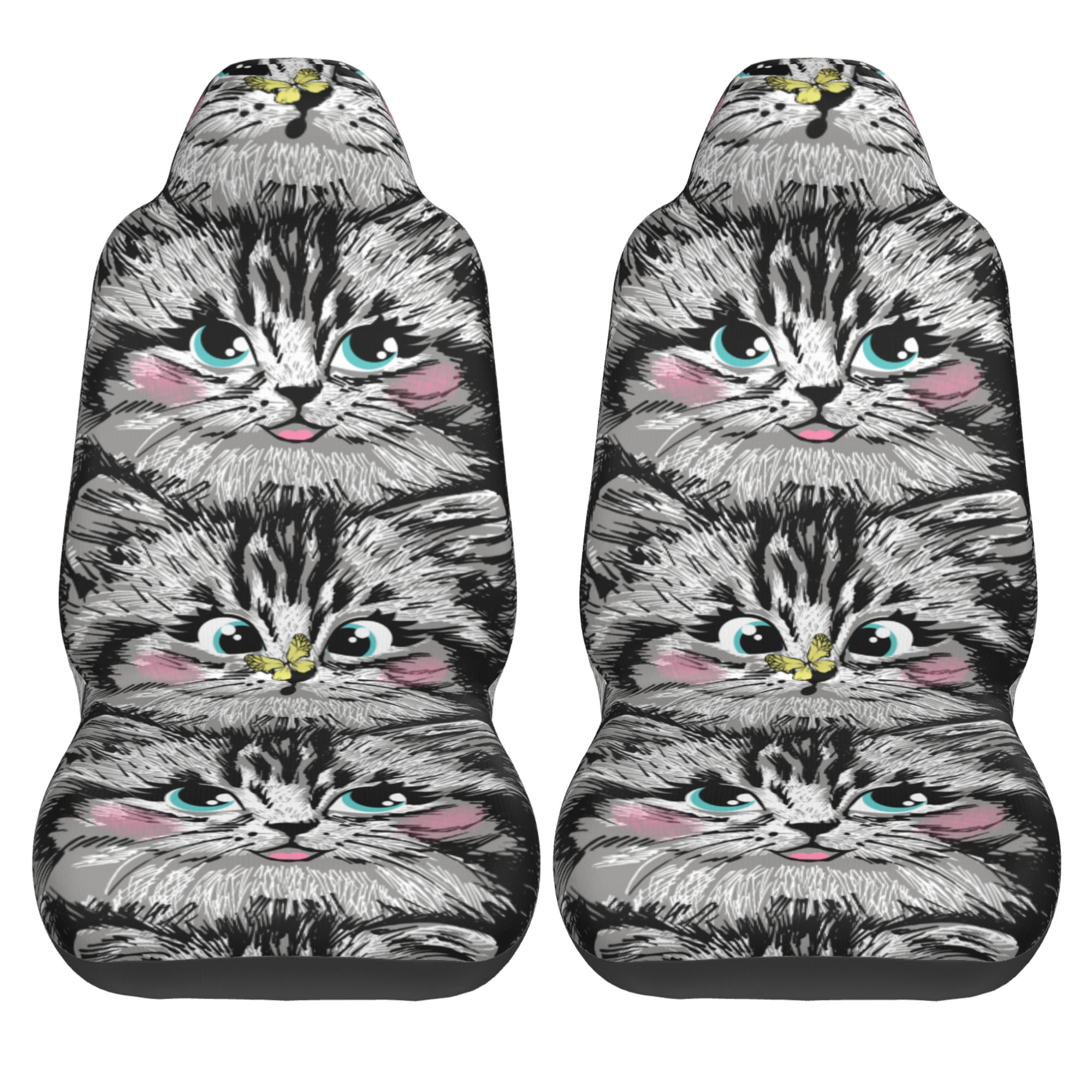 LAKIMCT Cute Furry Cat Face Pattern Car Seat Covers Vehicle Front Seat Covers Universal Fit Seat Protector