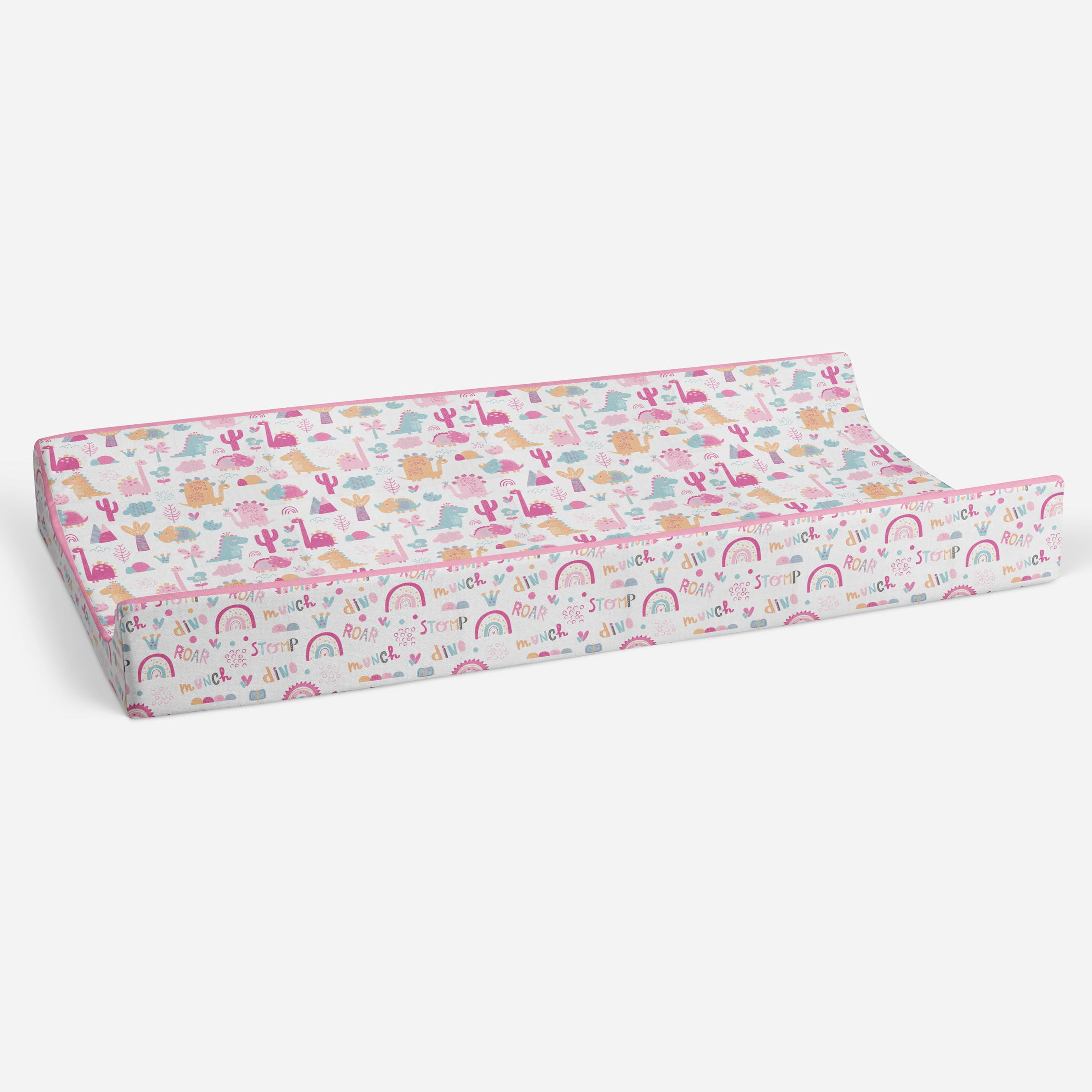 Bacati - Muslin Quilted Changing Pad Cover, Little Dino Girls Pink/Fuchsia/Aqua/Orange