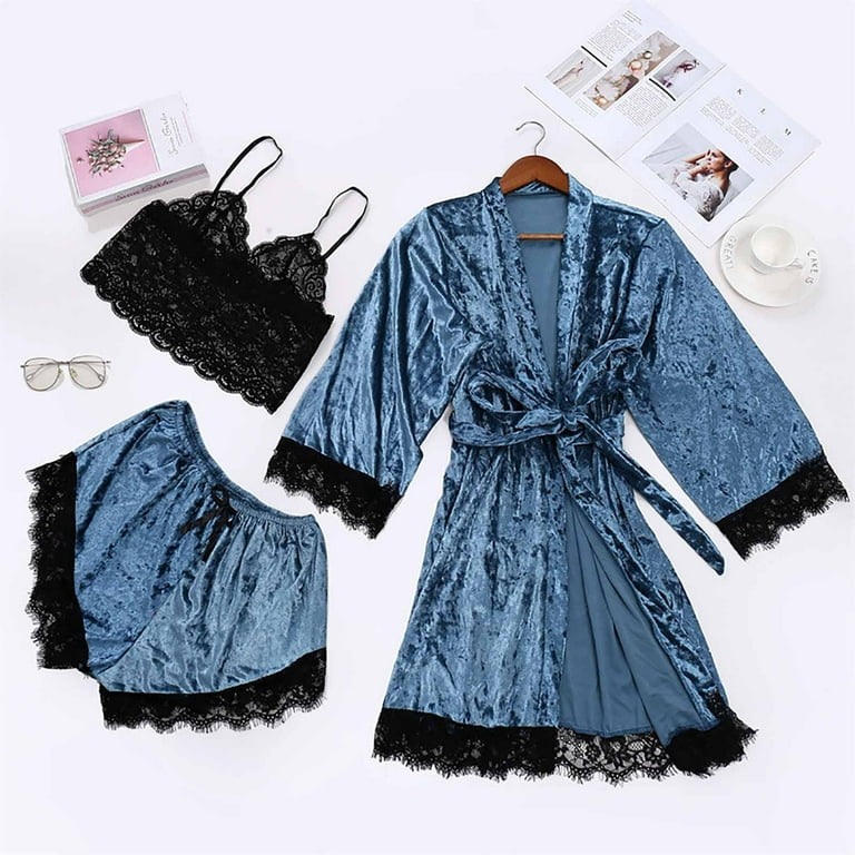 QENGING Womens Pajama Sets Clearance Plus Contrast Binding Satin Sleepwear  Set Lace Chemise Shorts Robe Suit 