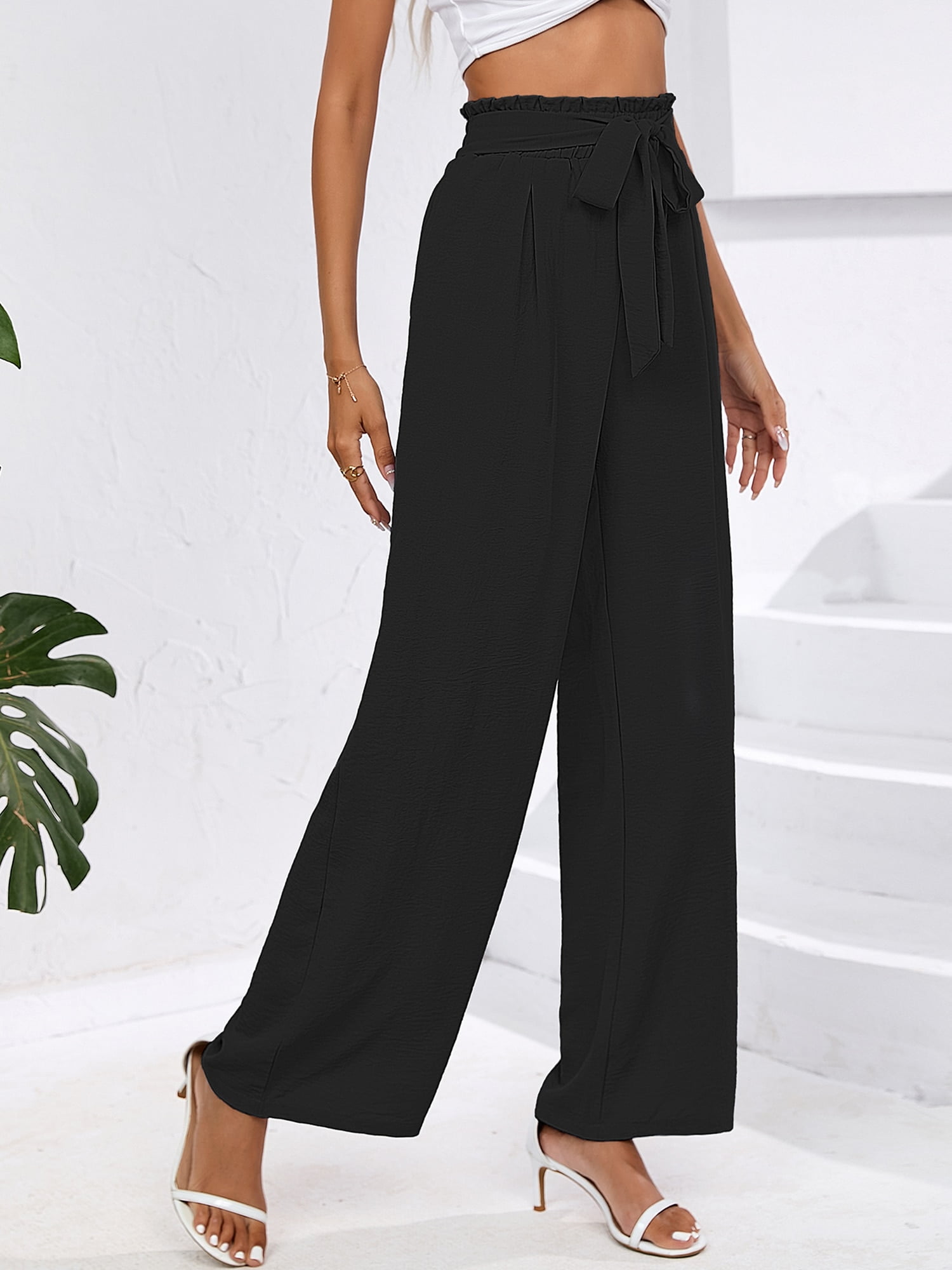 Favlux Fashion Women's Casual Flowy Pants Black Size Medium Elastic Waist w/ tie | eBay