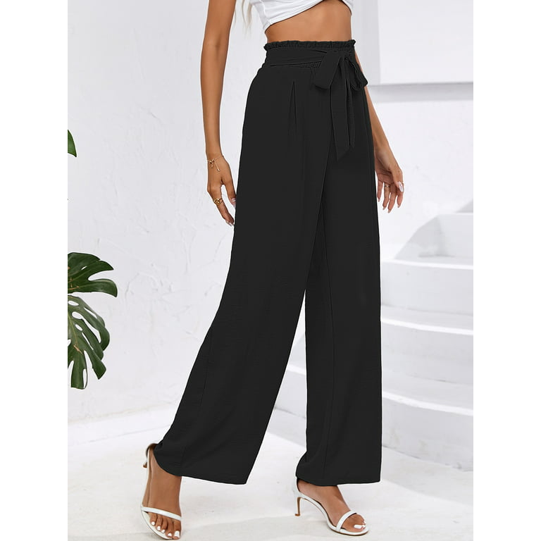 Chiclily Women's Belted Wide Leg Pants with Pockets Lightweight High  Waisted Adjustable Tie Knot Loose Trousers Flowy Summer Beach Lounge Pants,  US Size XL in Black 