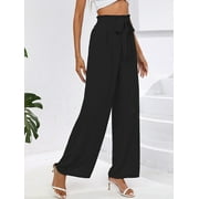 Chiclily Womens Wide Leg Pants with Pockets Lightweight High Waisted Adjustable Tie Knot Loose Trousers Flowy Summer Beach Lounge Pants, US Size Large in Black