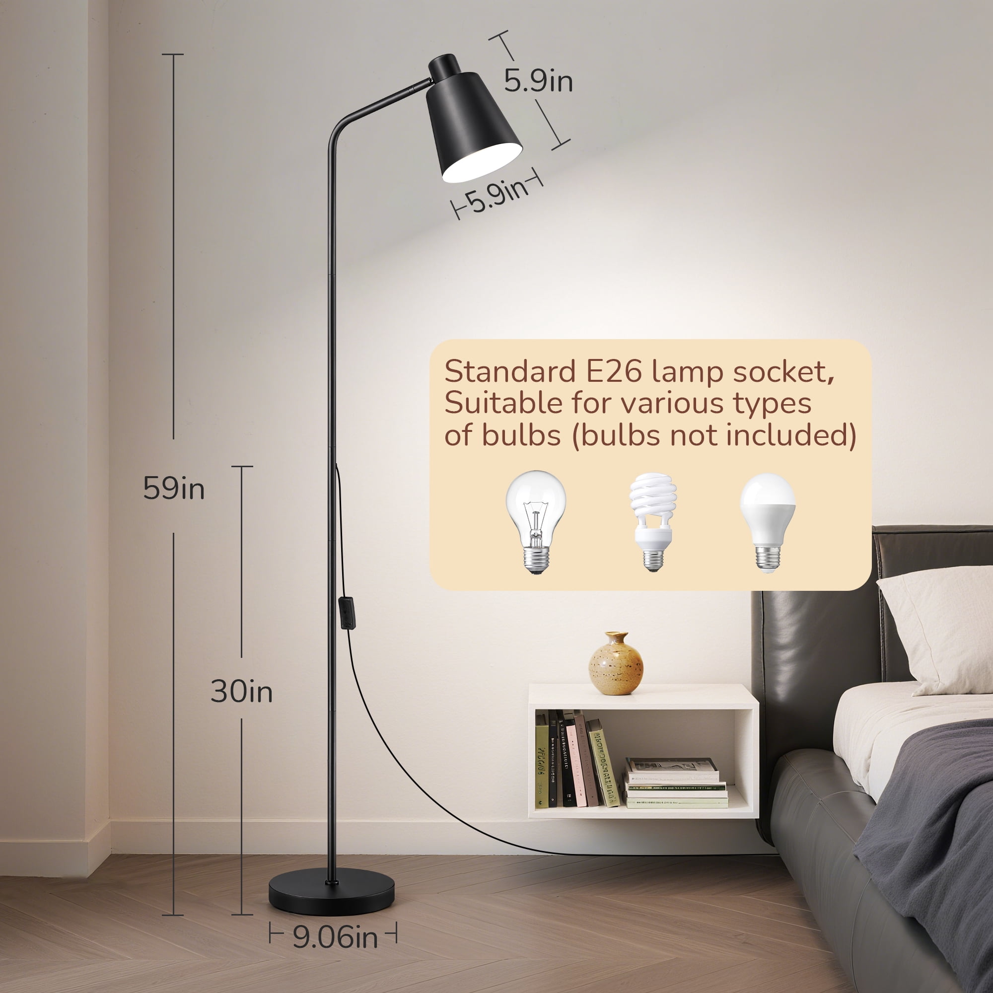 EDISHINE 59" Black Modern Floor Lamps for Living Room, Adjustable Lampshade, Metal Standing Lamp for Bedroom, Office, Corner, Space Saving