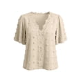 thumbnail image 6 of VBVC Women's Floral Lace Dot V Neck Blouse , Ladies' Ruffle Short Sleeve Casual Top , Eyelet Textured Shirts For Women,Beige,S-2XL, 6 of 8