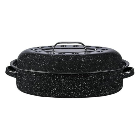 15-Inch Enamel Roaster - Oval Covered Roasting Pan, Nonstick, Dishwasher Safe, 10lb Capacity - Speckled Black Cookware for Turkey, Chicken, Vegetables