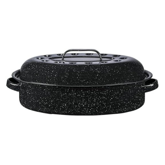 15-Inch Enamel Roaster - Oval Covered Roasting Pan, Nonstick, Dishwasher Safe, 10lb Capacity - Speckled Black Cookware for Turkey, Chicken, Vegetables