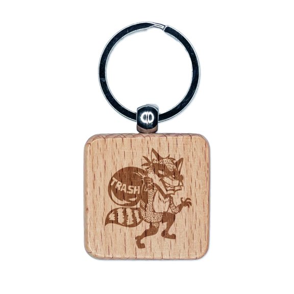 Raccoon Trash Bandit Thief Square Keychain Charm Tag - Engraved Wood