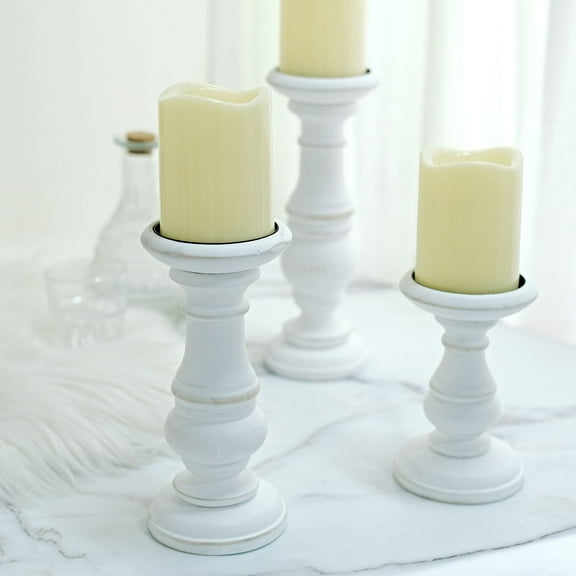 Efavormart Set Of 3 | White Wooden Pillar Candle Holders, Rustic Candle Pedestals - 10", 8", 6"
