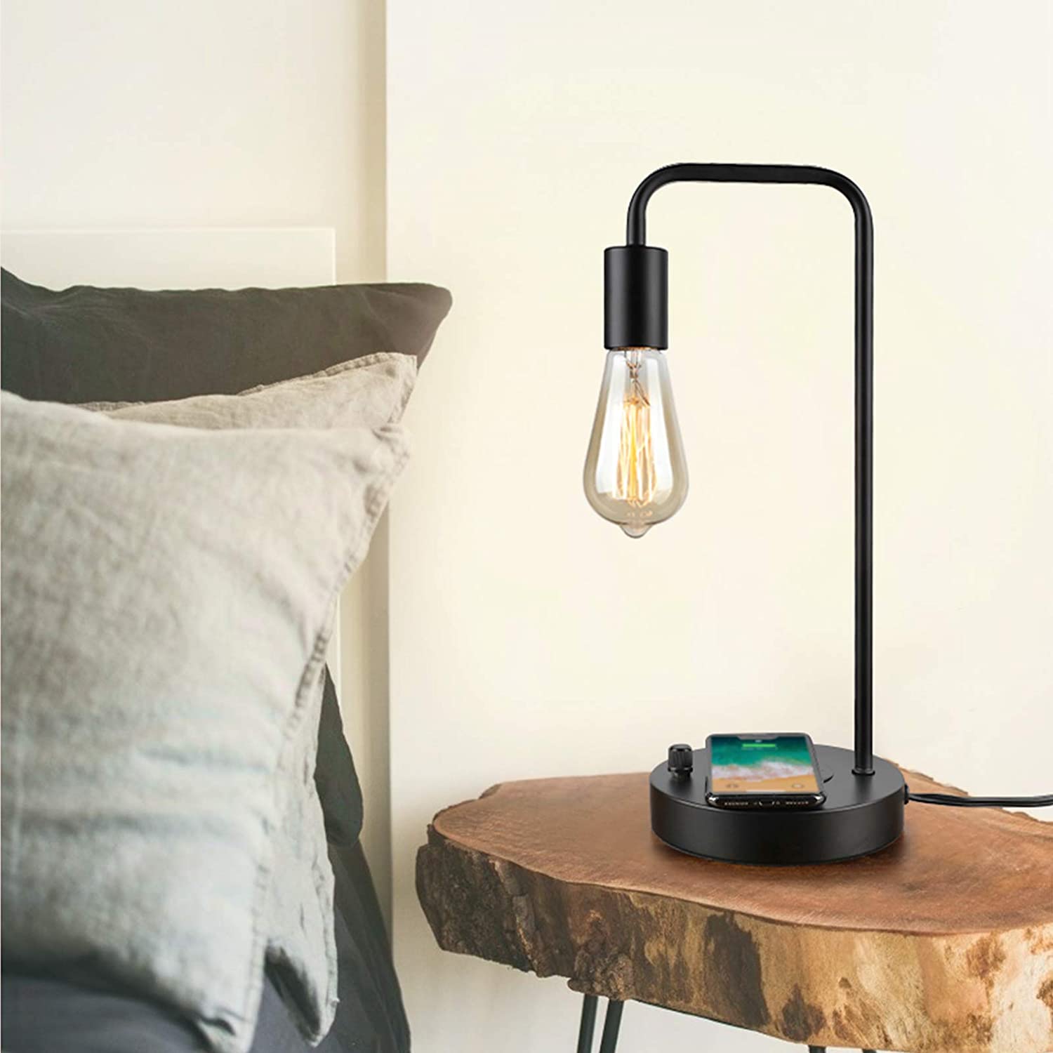 Wireless Charging Desk Lamp – Table Lamp with USB Port and Wireless Charging Pad, Bedside Lamp for Office Bedroom Living Room College Dorm