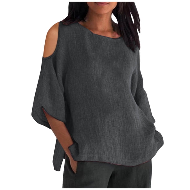 Vestidos Casuales Para Mujer, Blusas De Mujer De Moda Blusa holgada con hombros descubiertos y cuello redondo con mangas cortas para mujer