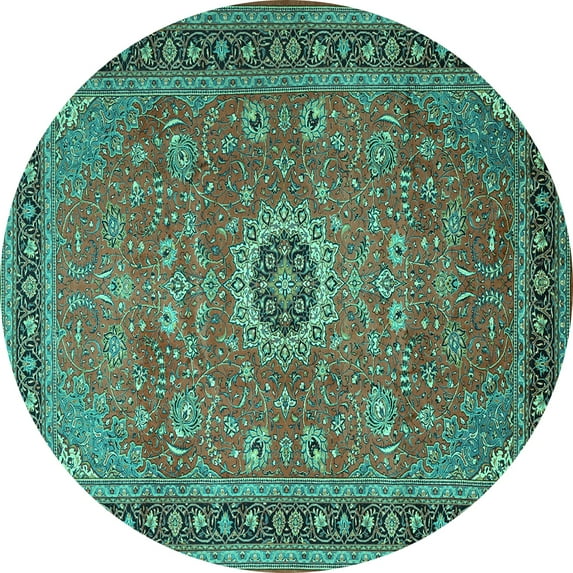 Ahgly Company Machine Washable Indoor Round Persian Turquoise Blue Traditional Area Rugs, 7' Round