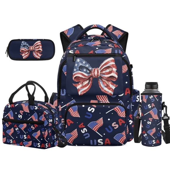 Binienty USA Flag Patriotic Bow Kids Backpack Lunch Box Set For Elementary School Girls 4-In-1 Waterproof Lightweight Bookbag Lunchbag Pen Pouch Back To School Gifts For Kids