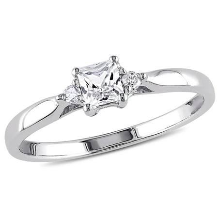 Miabella Women's 1/3 Carat T.G.W. Square-Cut Created White Sapphire and Round-Cut Diamond Accent Sterling Silver 3-Stone Engagement Ring