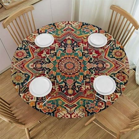 

Sheronv Geometric Medallion and Floral Shapes Round Table Cover Stain Resistant Washable Indoor Outdoor Tablecloth Kitchen Dining Wedding Parties Picnic Camping 100% Polyester Fiber 54-58