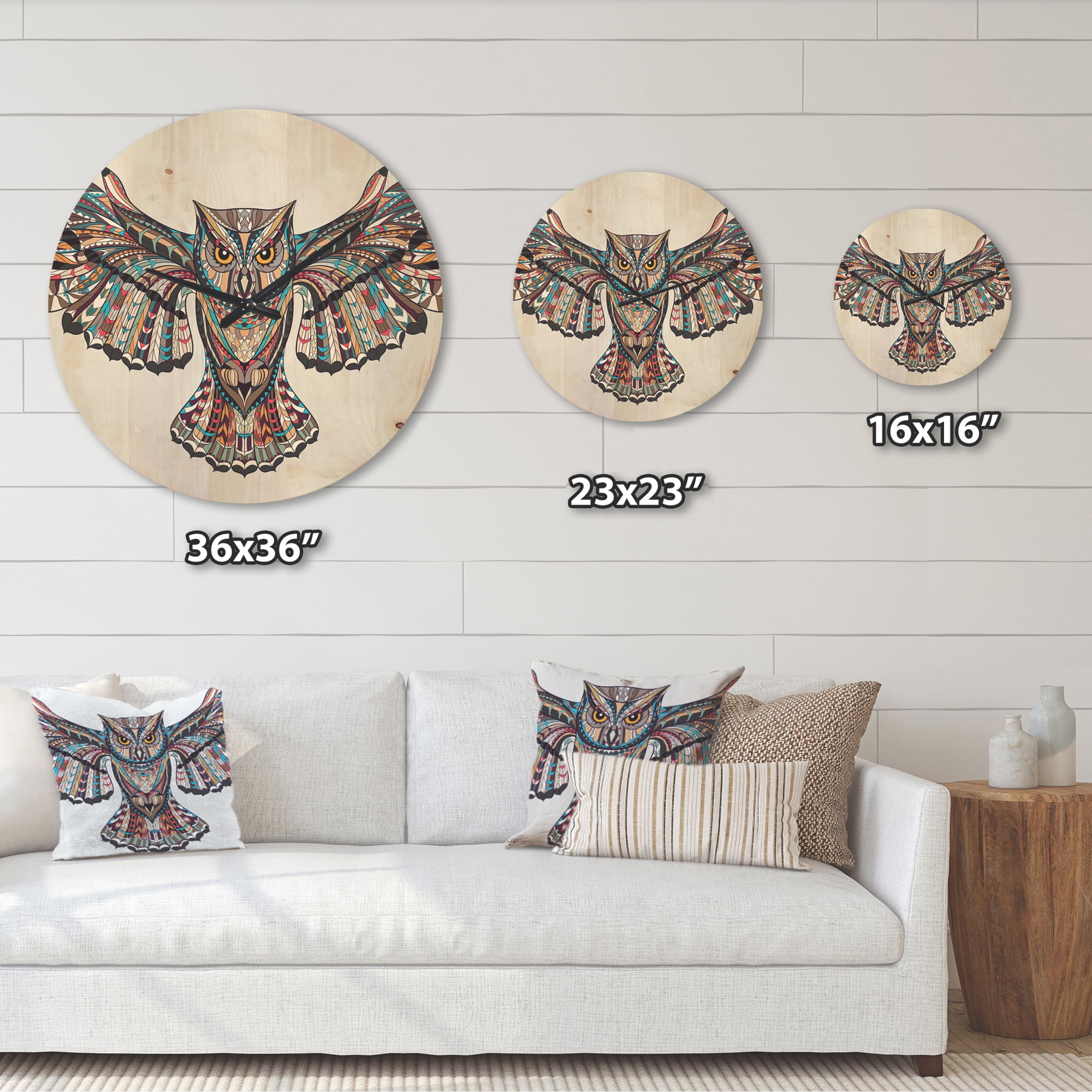 Designart 'Owl on the Grudge Pattern' Modern Wood Wall Clock