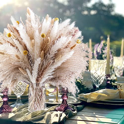 100PCS Dried Pampas Grass Bouquet, 17.5 Inch Fluffy Boho Decor, Natural Dried Flowers for Wedding Centerpieces, Home Floral Arrangements, and Party Table Decorations