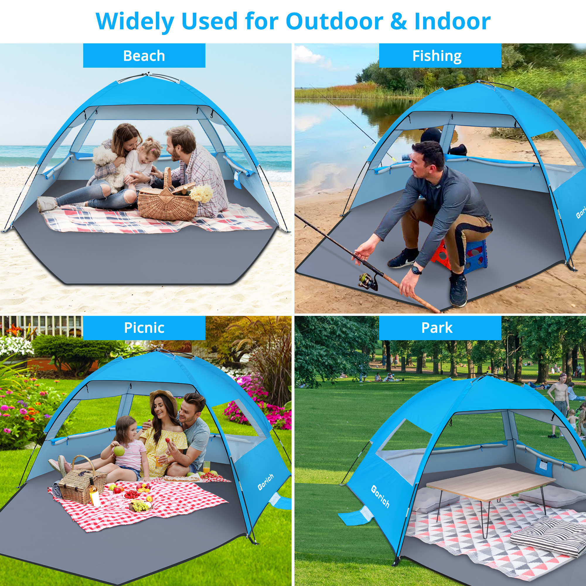 Gorich Beach Tent for 3/4/6/8 Person, UPF 50+ UV Protection, Portable Sun Shelter, Easy Setup Sun Shade Beach Canopy with Carry Bag