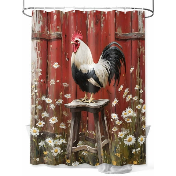 Rustic Farmhouse Shower Curtain, Rustic Red Barn Rooster Wildflowers Waterproof Shower Curtain Set with 12 Hooks Lightweight Washable Fabric Shower Curtains for Bathroom 72x84 Inches