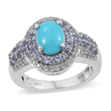 - Sleeping Beauty Turquoise Tanzanite Halo Ring 925 Sterling Silver Platinum Plated Gift Jewelry for Women Size 8