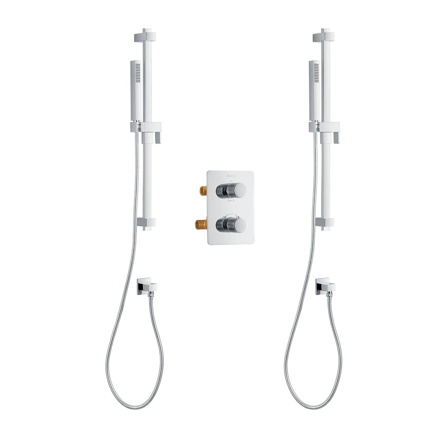 Ensemble de douche thermostatique carré d'akuaplus(MD) avec Déviateur 4 voies et avec arrêt, 2 douchettes, 2 barres de douche murals, Fini chrome