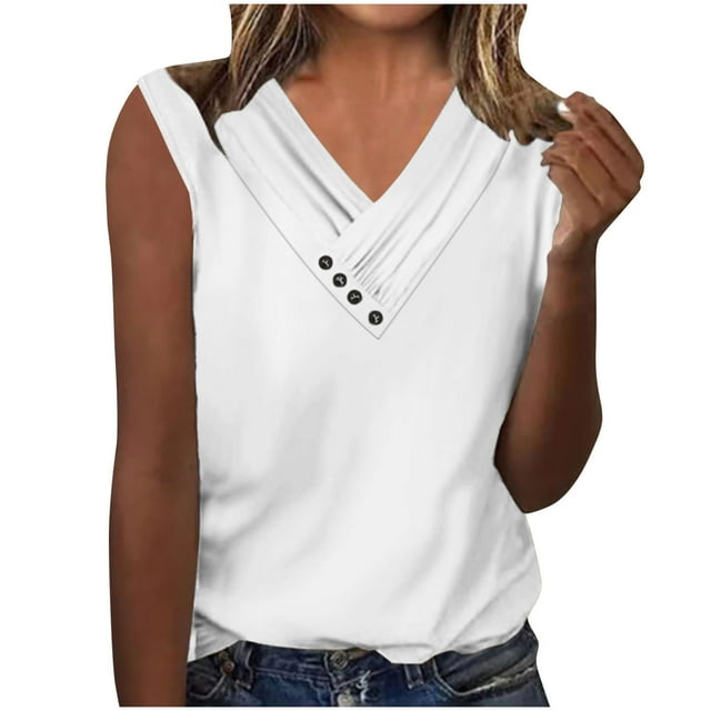 FAIWAD Women V Neck Button Down Tops Solid Color Ruched Loose Sleeveless Blouses Basic Dressy 2024 Clothes