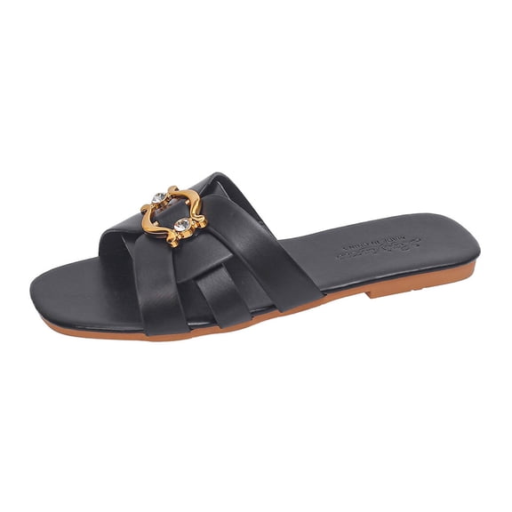 Gpaecead Women Metal Ornament Cross Strap Flat Slides Square Open Toe Faux Leather Breathable Beach Slippers, Black