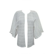Mogul Women's Draped Open Front White Cotton Kimono Sleeve Cardigan