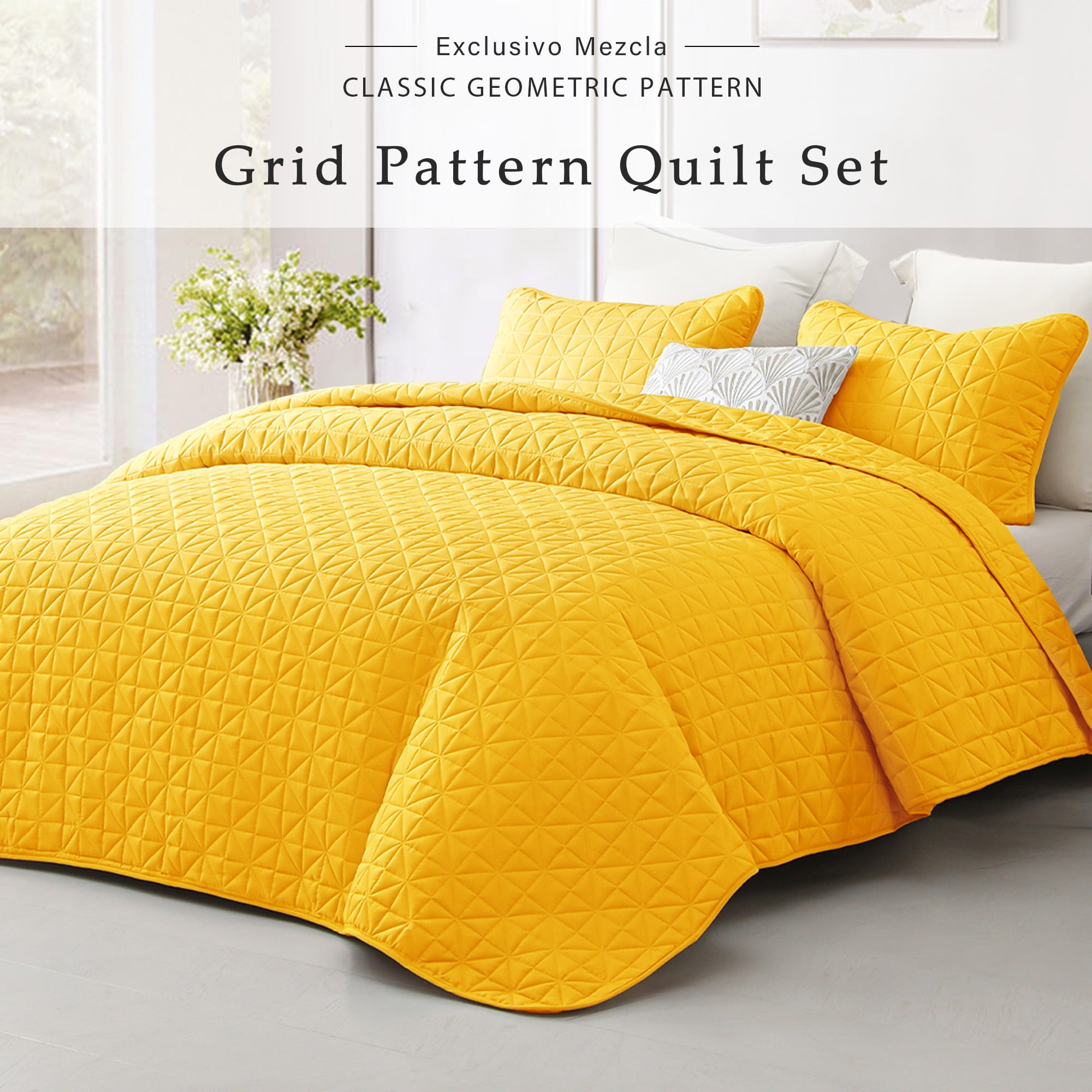 Exclusivo Mezcla Twin Quilt Bedding Set, Lightweight Soft Yellow Twin Bedspreads Coverlets with Geometric Stitched Pattern