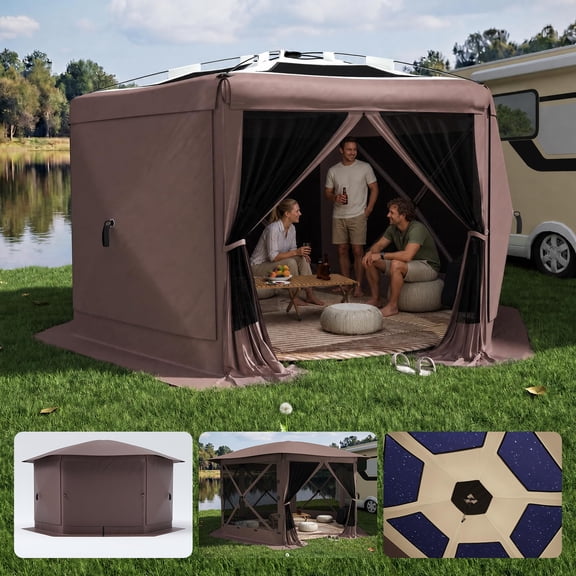 Pop Up Gazebo Screen Tent 13 x 13 ft, Large 6-Sided Camping Canopy Tent with Removable Wind Cloth&Carry Bag, Quick Set Bite Proof Screen House Sun Shelter for 8-10 Persons,Beige&Khaki